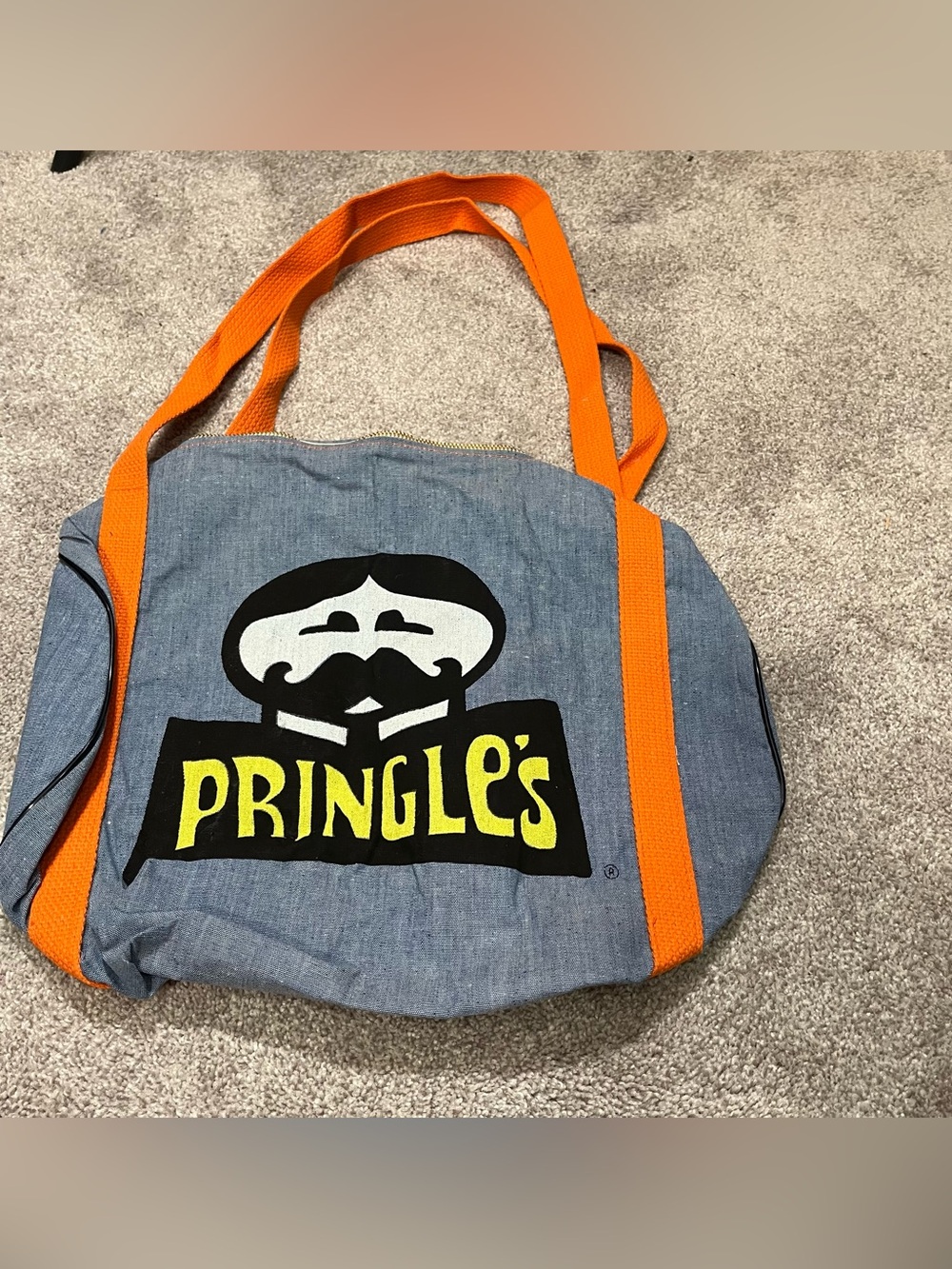 Vintage Pringles Duffle Adult Denim Zippered Shoulder Bag Mustache Logo Promo